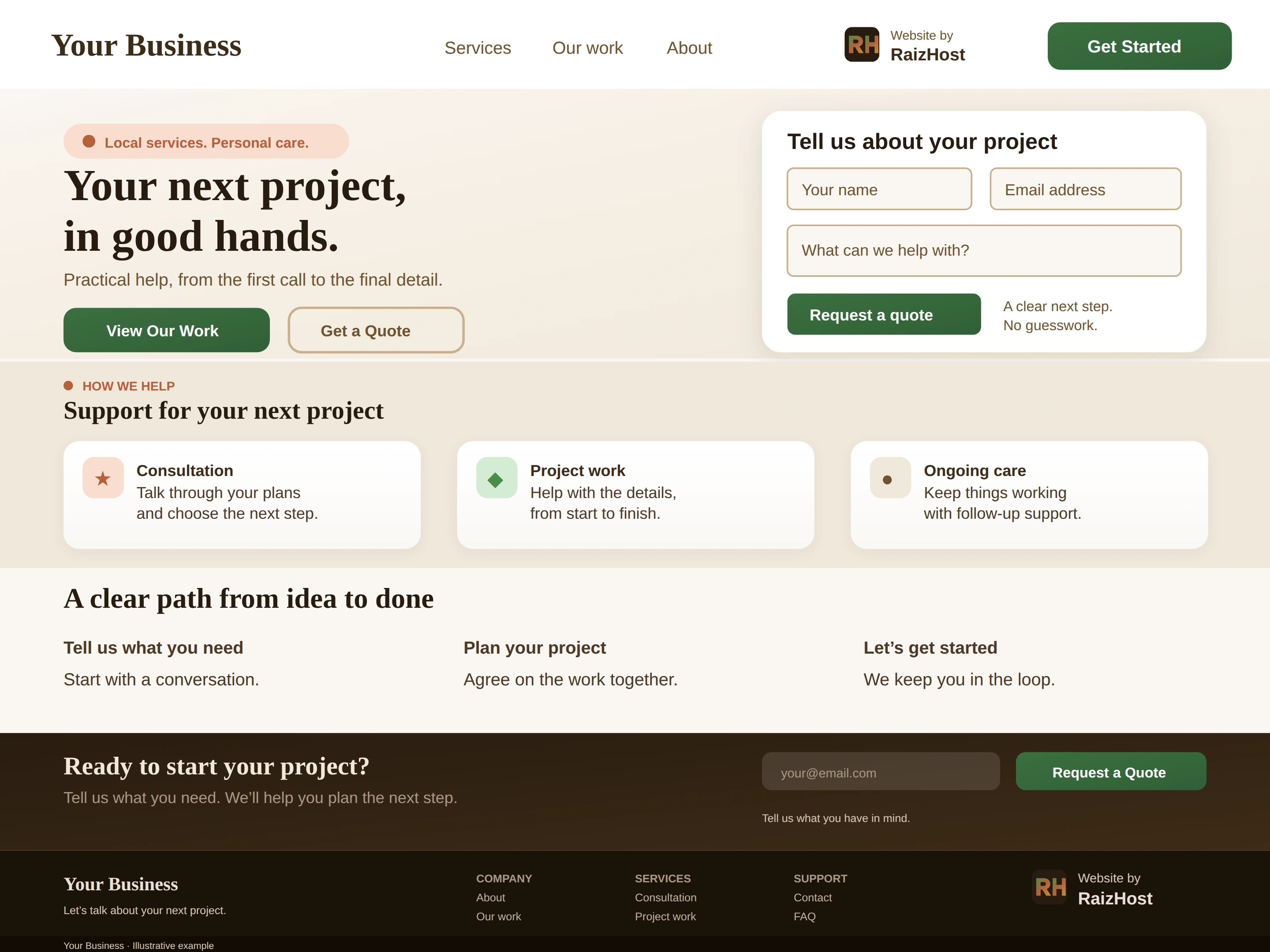 The same Your Business example after RaizHost: a clear headline, readable services, a quote form and Website by RaizHost credits with the RH mark.