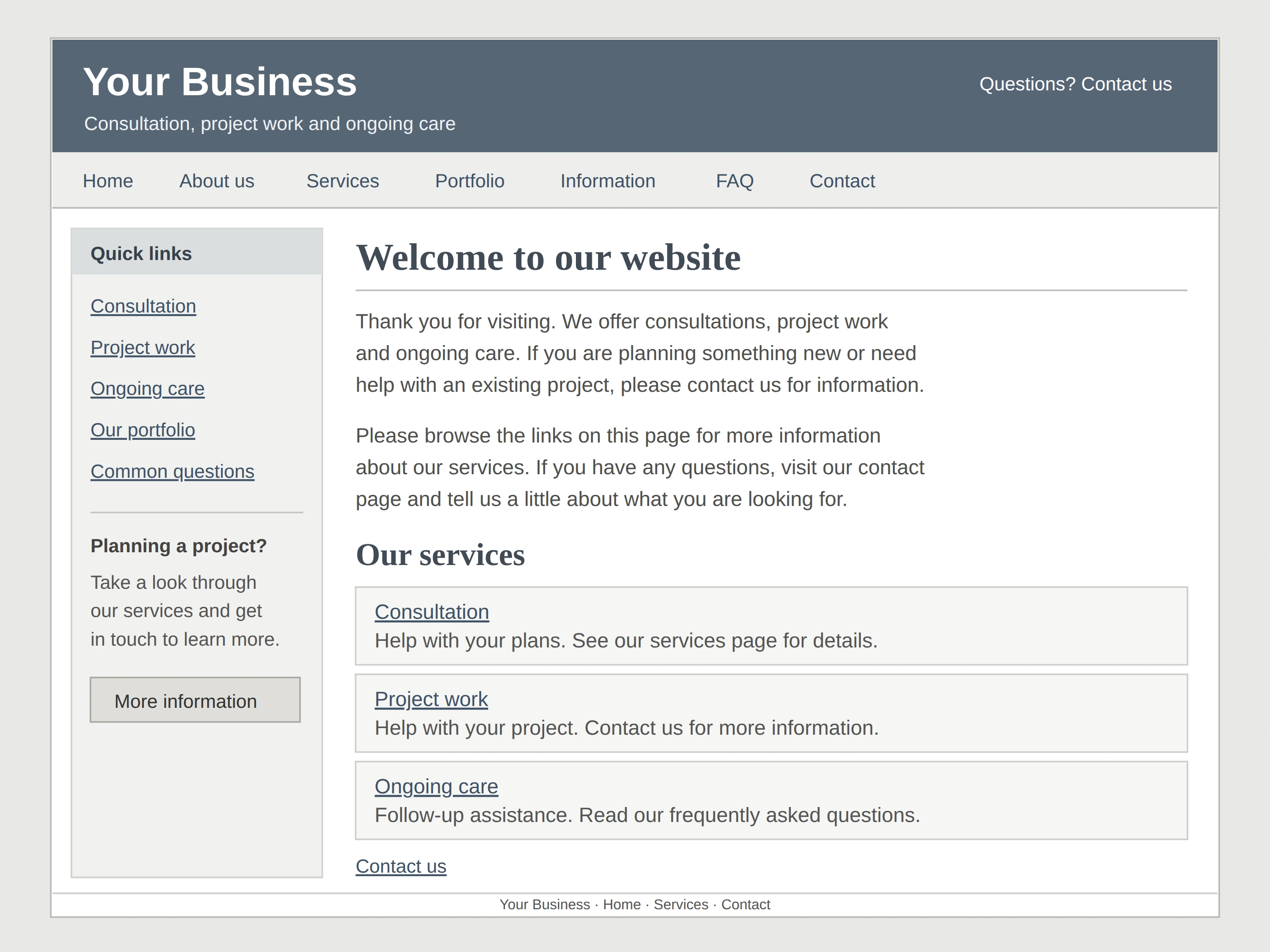 Your Business before: a generic welcome, dense copy and repeated links to consultation, project work and ongoing care.
